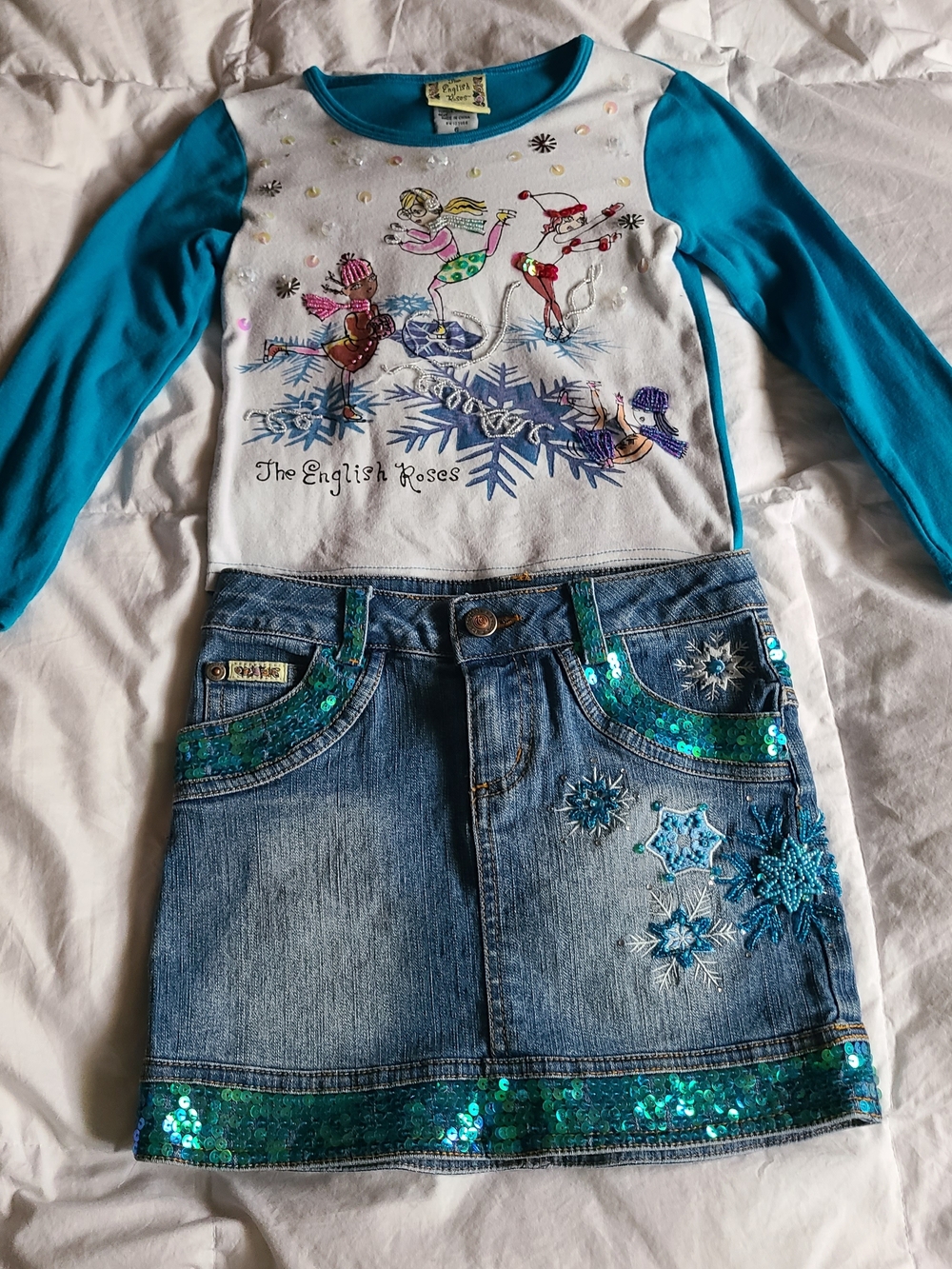 english roses Turquoise and White Girls Ice Skate Trim Top Snowflake Denim Skirt